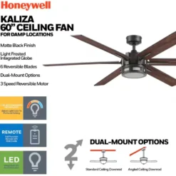 Honeywell Kaliza 60 inch Color Changing Indoor/Outdoor Ceiling Fan with Light and Remote and Six Reversible Finish Blades - 51907