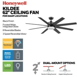 Honeywell Kildee 62 inch Outdoor Ceiling Fan with Color Changing Light, Remote Control and Eight Dual Finish Blades - 53002