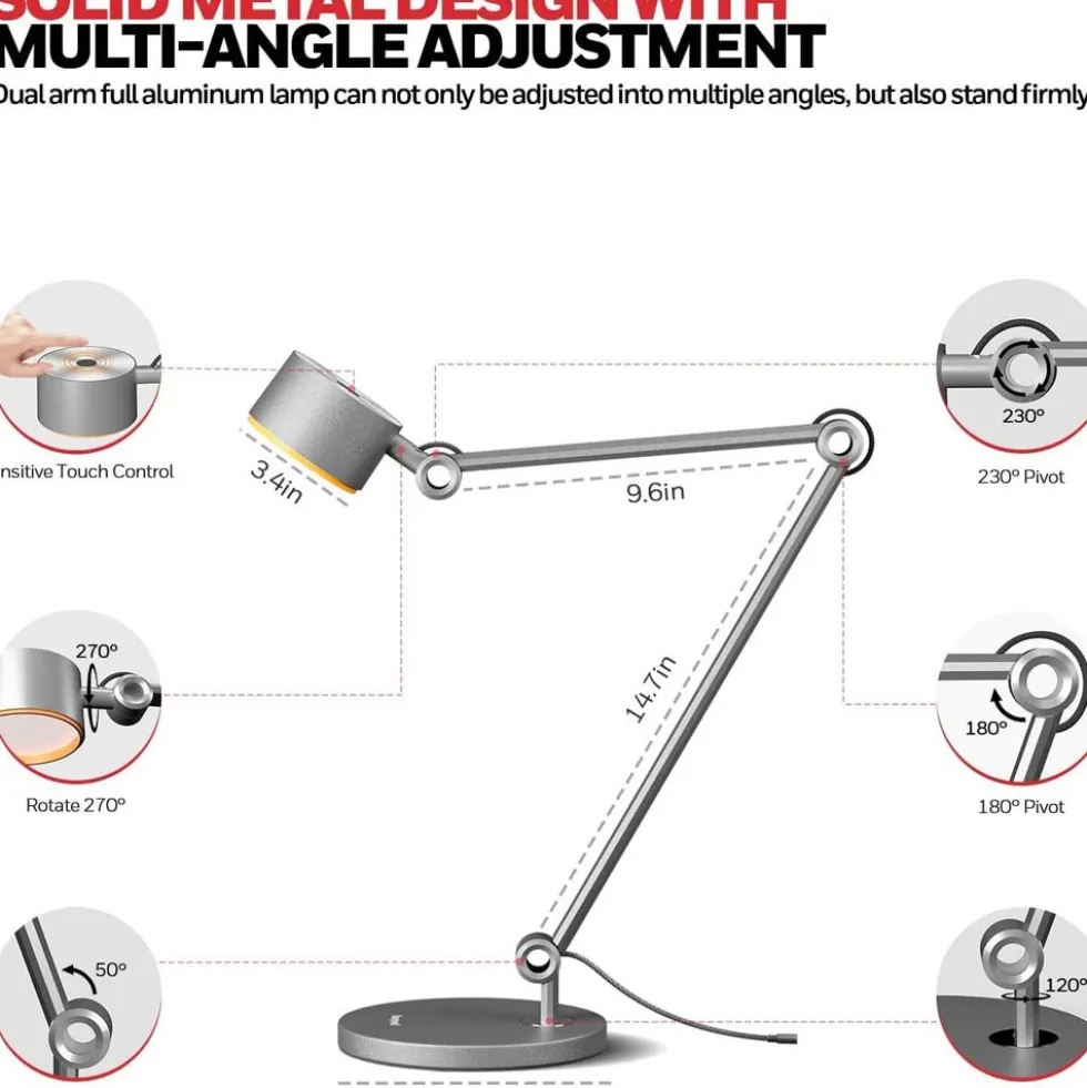 Honeywell LED Adjustable Metal Desk Lamp with Touch Controls and Eye Protection - HWT-01A