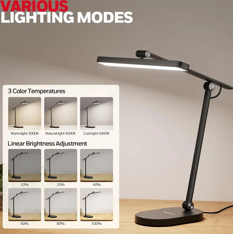 Honeywell LED Desk Lamp for Home Office, H4 Sunturalux Eye-Caring Desk Light, Black - HWT-H4BK