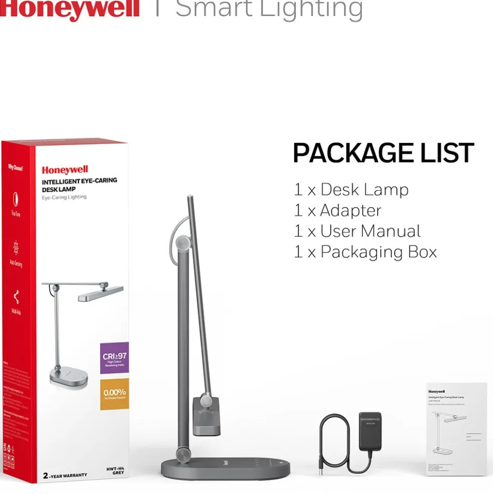 Honeywell LED Desk Lamp for Home Office, H4 Sunturalux Eye-Caring Desk Light, Gray - HWT-H4G