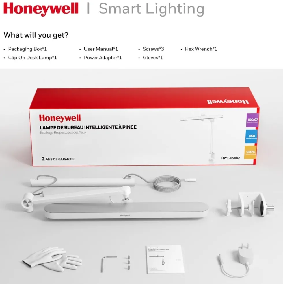 Honeywell LED Desk Lamp with Clamp and Sunturalux Eye Caring Natural Light, 05B02