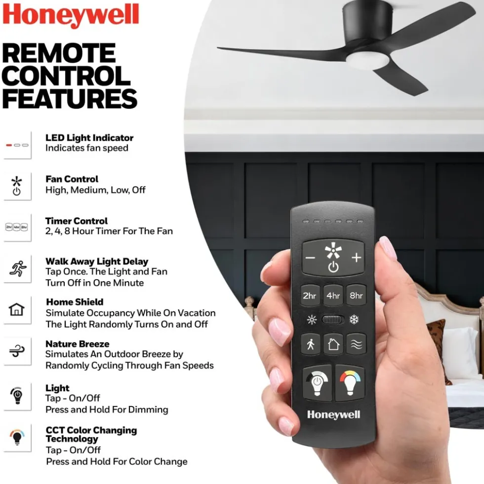 Honeywell Lynton Covered Outdoor Ceiling Fan with Light, 52 Inch, Matte Black - 53060