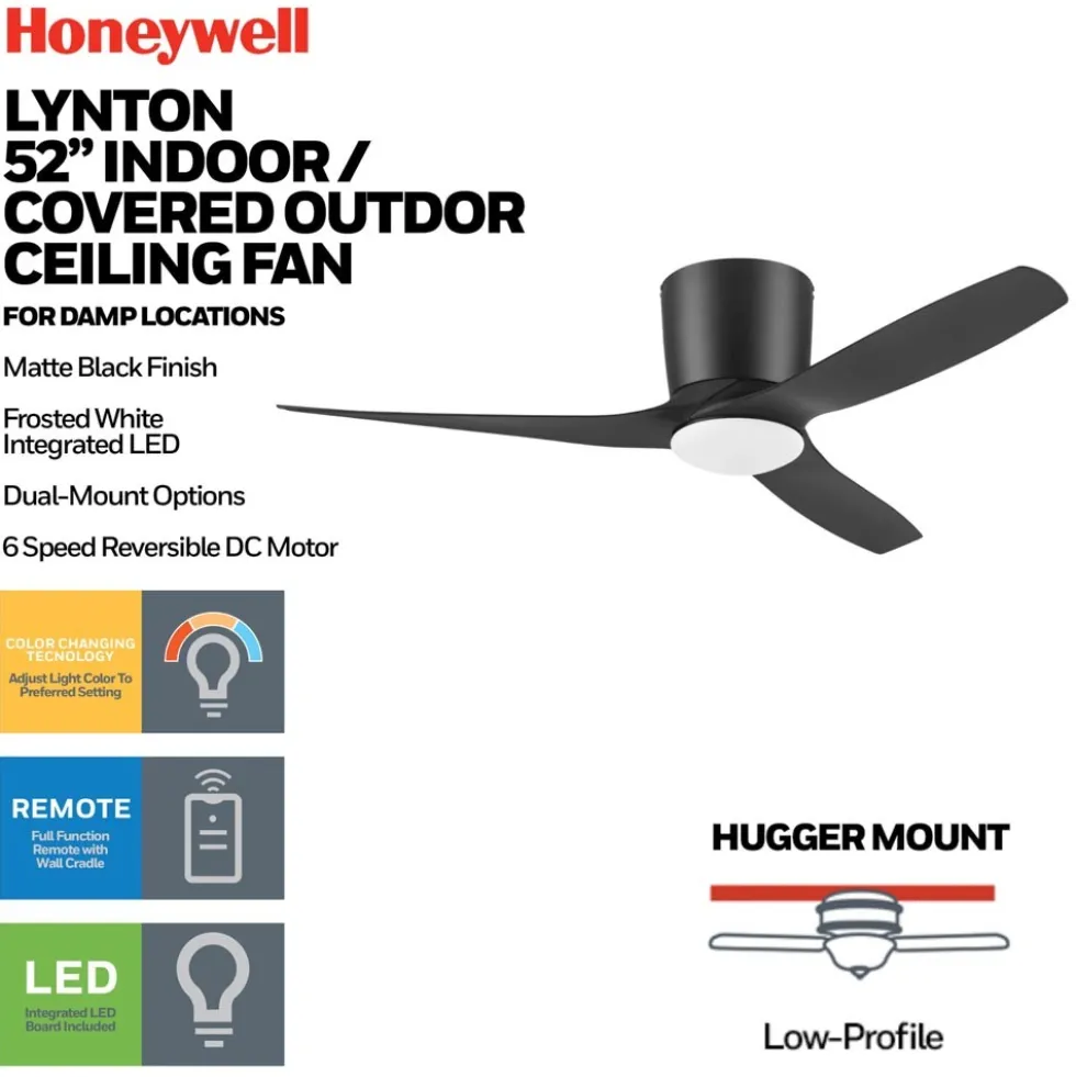 Honeywell Lynton Covered Outdoor Ceiling Fan with Light, 52 Inch, Matte Black - 53060