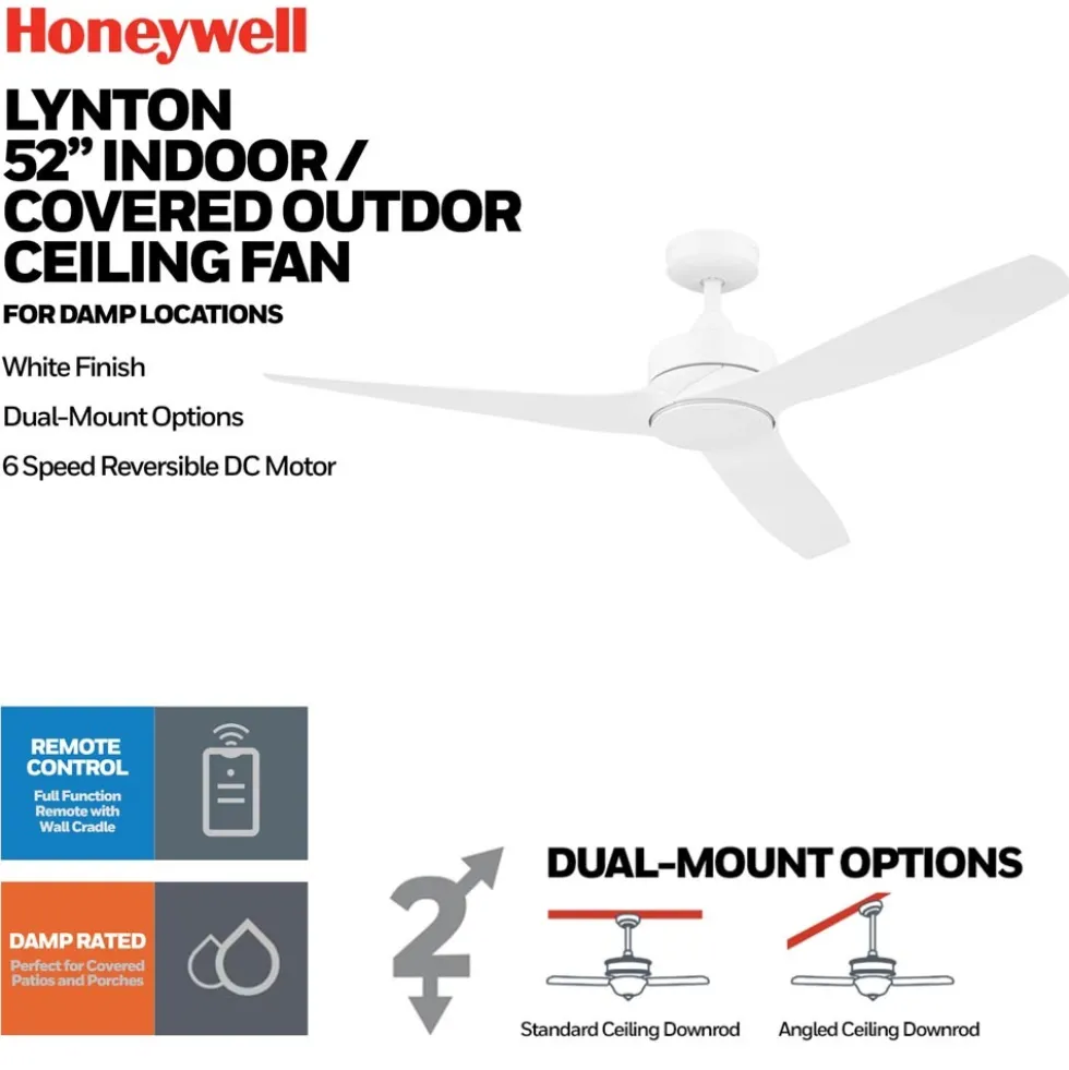 Honeywell Lynton Dual Mount Ceiling Fan, 52 Inch, White - 53051