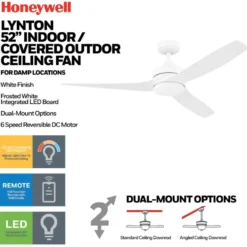 Honeywell Lynton Dual Mount Ceiling Fan with Light, 52 Inch, White - 53050