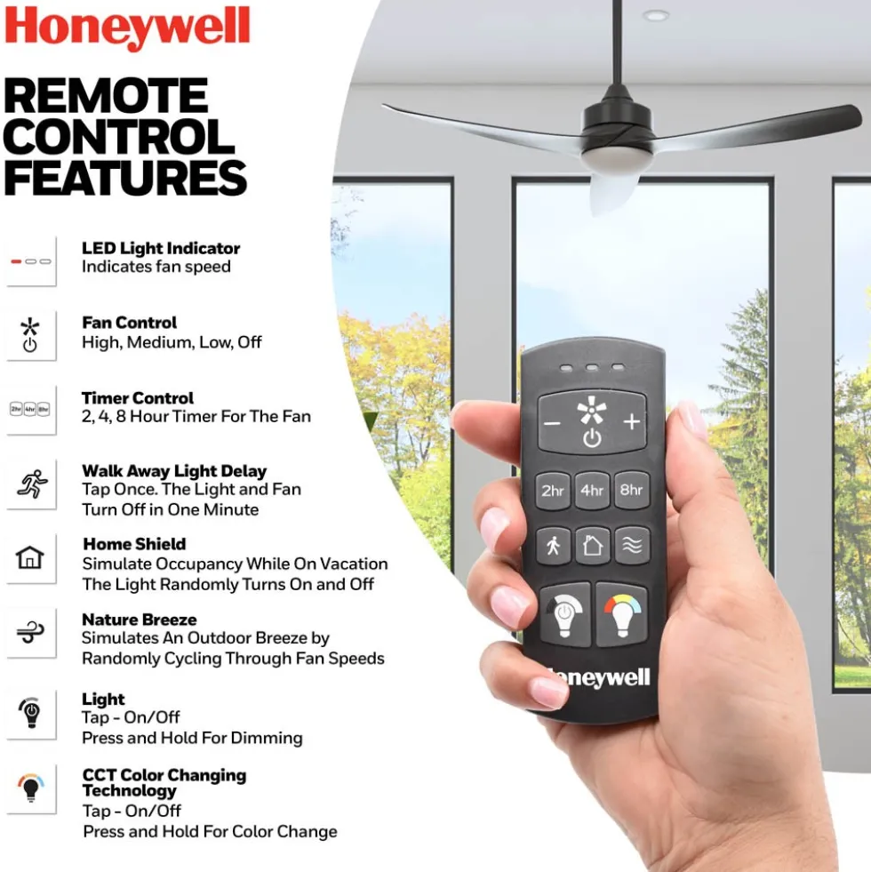 Honeywell Lynton High Performance Indoor and Outdoor Ceiling Fan, Black, 52-Inch - 51854