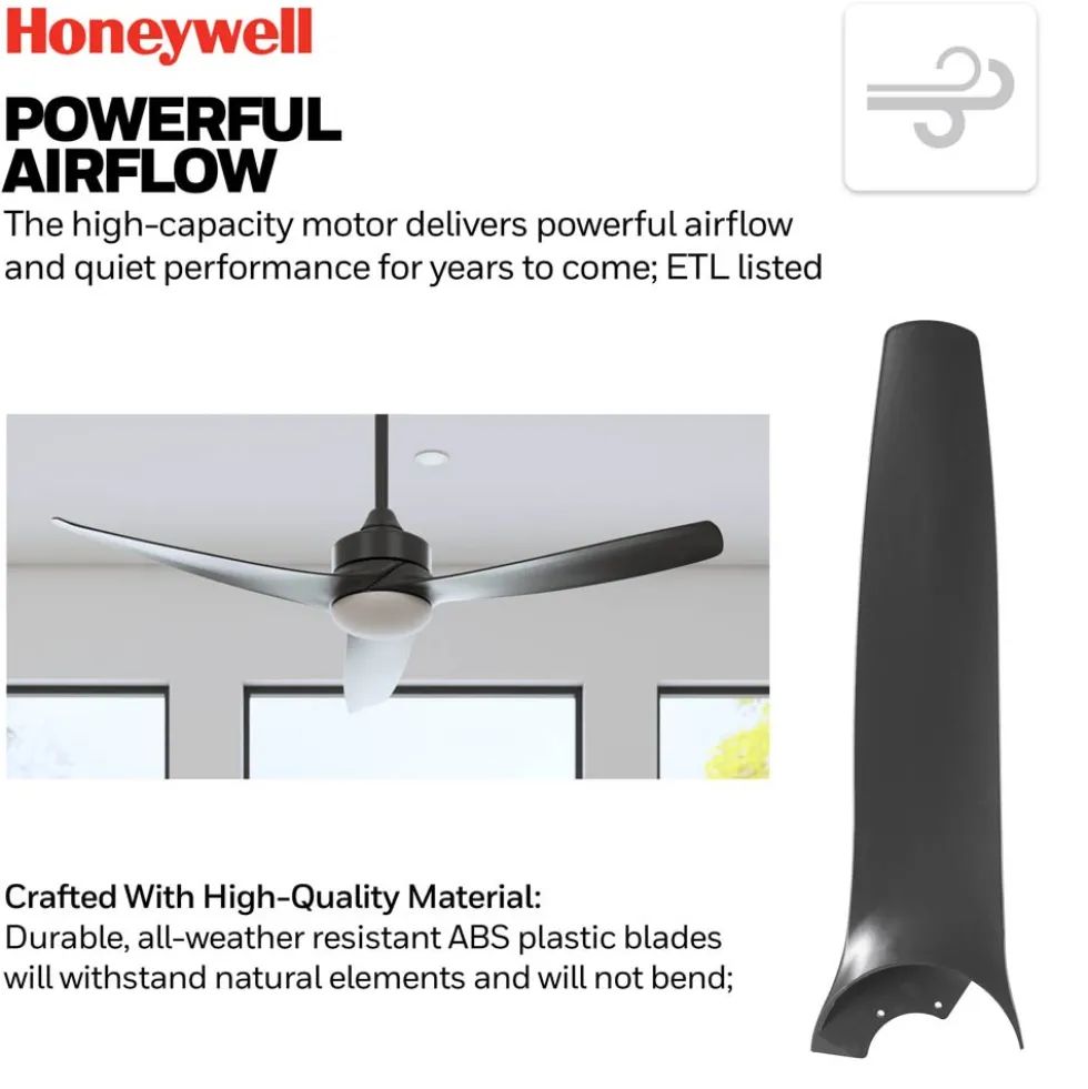 Honeywell Lynton High Performance Indoor and Outdoor Ceiling Fan, Black, 52-Inch - 51854