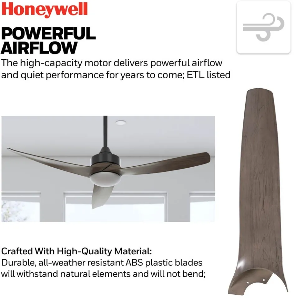 Honeywell Lynton High Performance Indoor and Outdoor Ceiling Fan, Brown and Black, 52-Inch - 51853