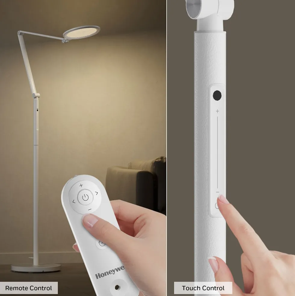 Honeywell Modern Adjustable Floor Lamp with Remote and Eye Protection, 2700k-5700k Color Temperature and 5 Brightness Levels, White - HWL-F01WT