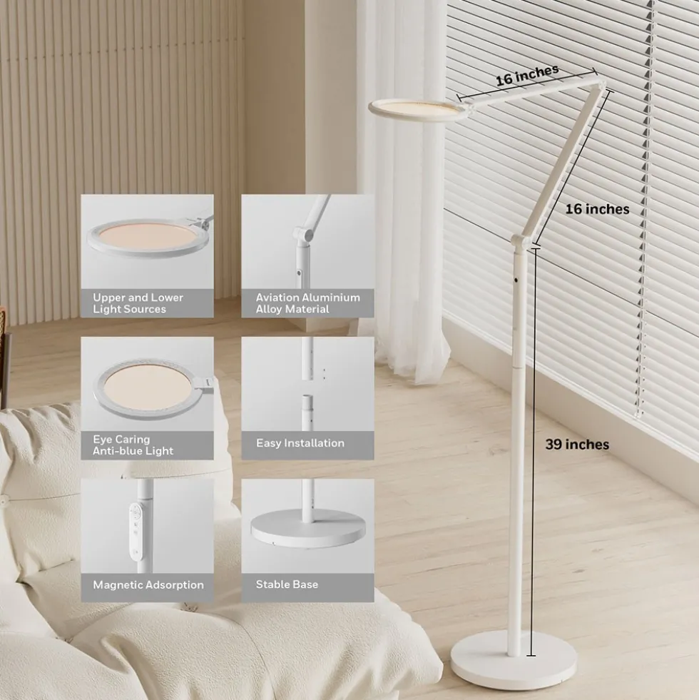 Honeywell Modern Adjustable Floor Lamp with Remote and Eye Protection, 2700k-5700k Color Temperature and 5 Brightness Levels, White - HWL-F01WT