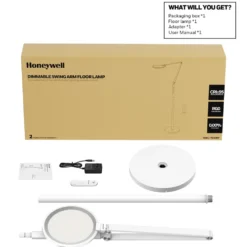 Honeywell Modern Adjustable Floor Lamp with Remote and Eye Protection, 2700k-5700k Color Temperature and 5 Brightness Levels, White - HWL-F01WT