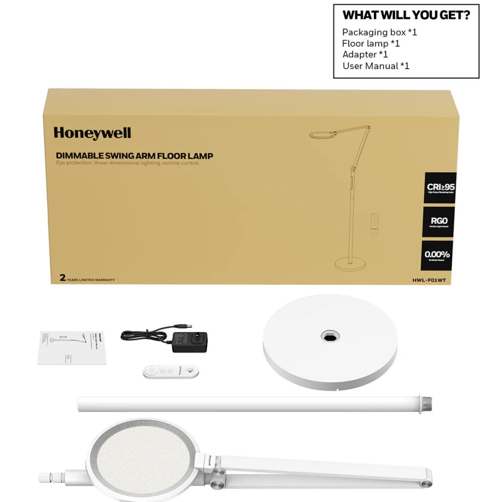 Honeywell Modern Adjustable Floor Lamp with Remote and Eye Protection, 2700k-5700k Color Temperature and 5 Brightness Levels, White - HWL-F01WT
