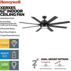 Honeywell Modern Indoor Ceiling Fan with Color Changing LED Light, 8 Dual Finish Blades and Reversible Motor, Black, 62 Inch - 51904-01