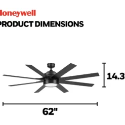 Honeywell Modern Indoor Ceiling Fan with Color Changing LED Light, 8 Dual Finish Blades and Reversible Motor, Black, 62 Inch - 51904-01