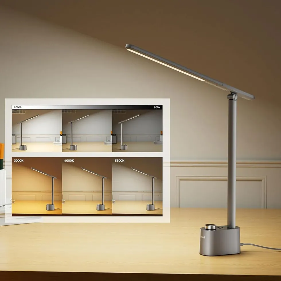 Honeywell Multi-Angle Adjustable LED Desk/Table Lamp with USB A+C Charging Ports and Eye Protection, Gray HWT-H01G-PRO