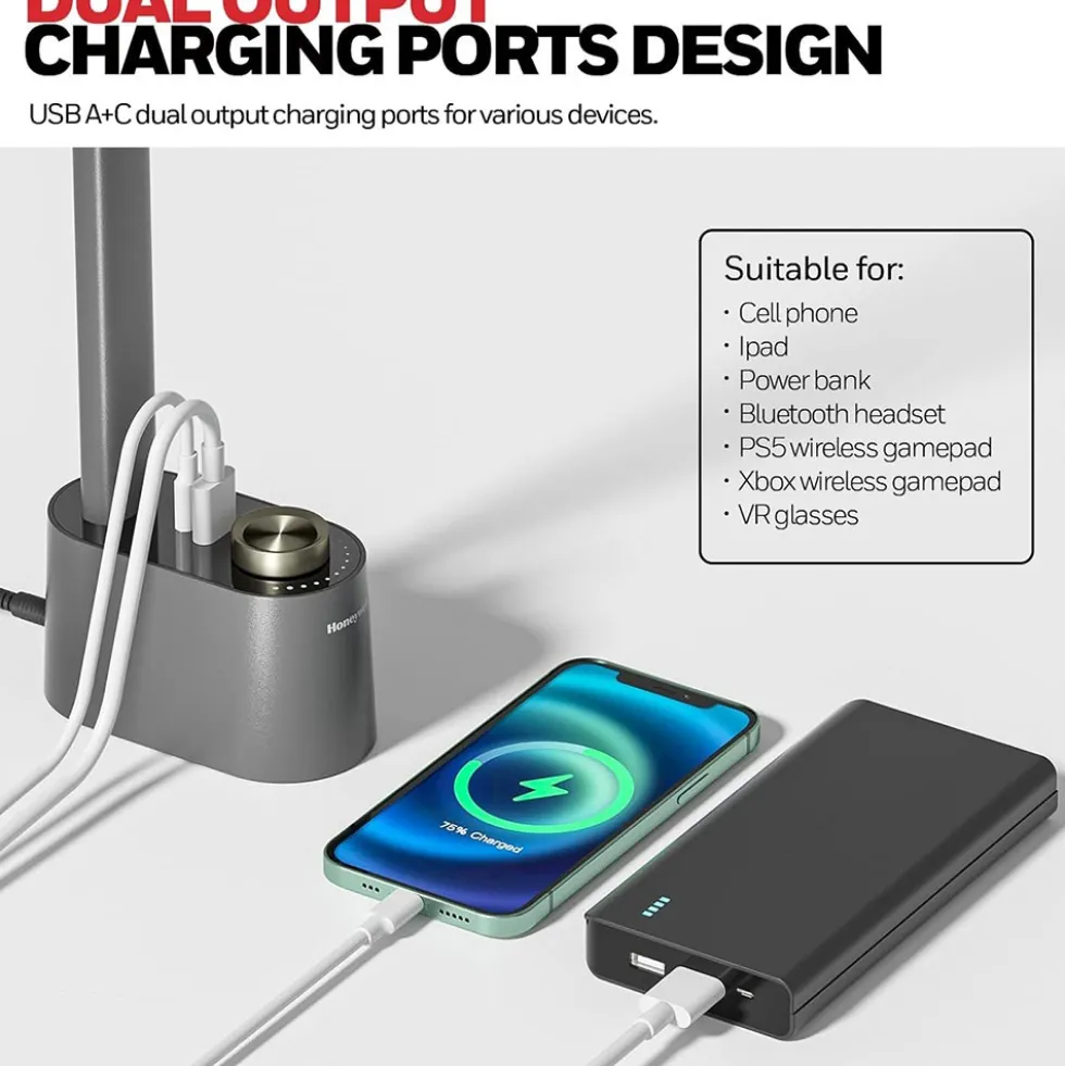 Honeywell Multi-Angle Adjustable LED Desk/Table Lamp with USB A+C Charging Ports and Eye Protection, Gray HWT-H01G-PRO