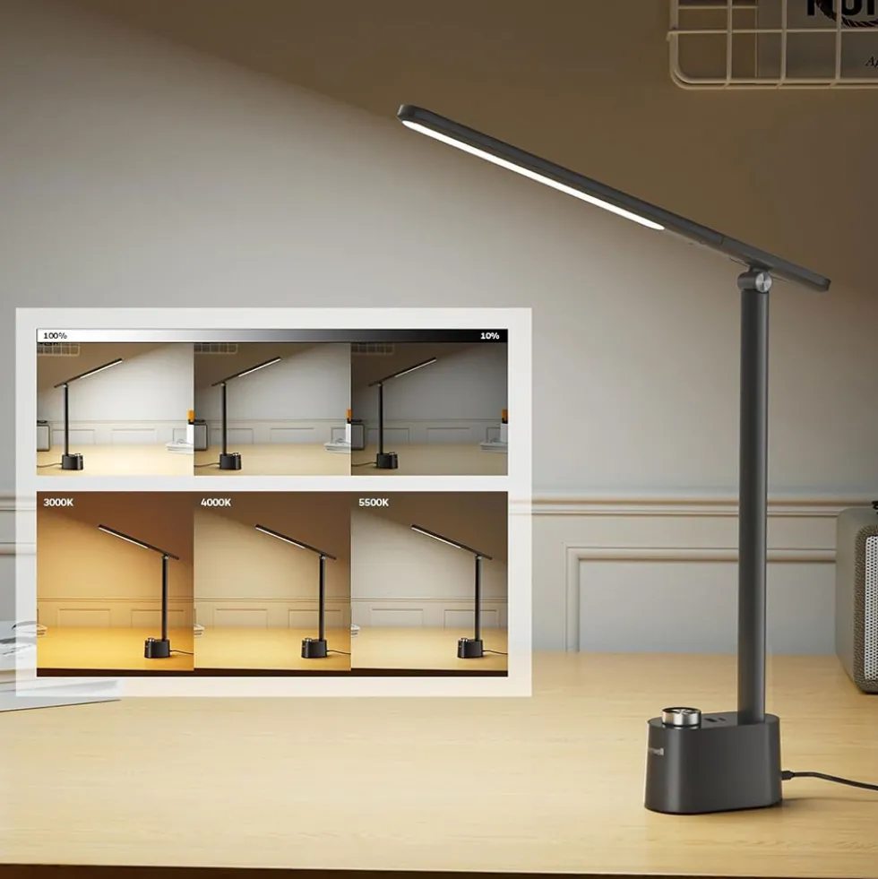 Honeywell Multi-Angle Adjustable LED Desk/Table Lamp with USB A+C Charging Ports and Eye Protection, Black HWT-H01-PRO