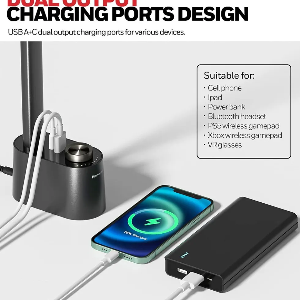 Honeywell Multi-Angle Adjustable LED Desk/Table Lamp with USB A+C Charging Ports and Eye Protection, Black HWT-H01-PRO