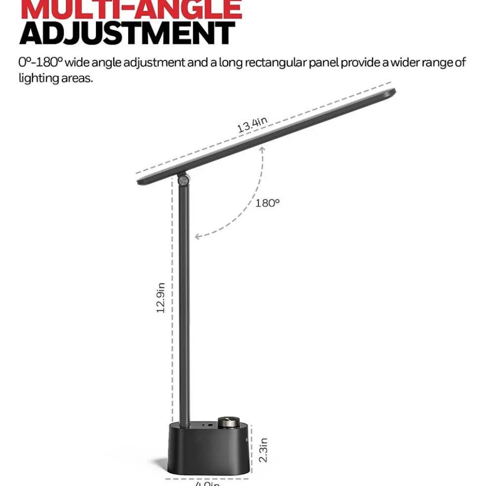 Honeywell Multi-Angle Adjustable LED Desk/Table Lamp with USB A+C Charging Ports and Eye Protection, Black HWT-H01-PRO