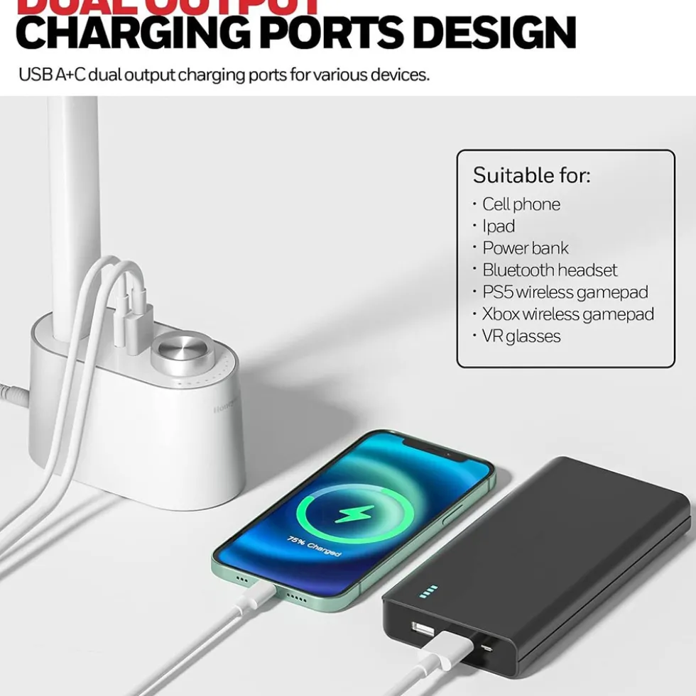 Honeywell Multi-Angle Adjustable LED Desk/Table Lamp with USB A+C Charging Ports and Eye Protection, White HWT-H01W-PRO