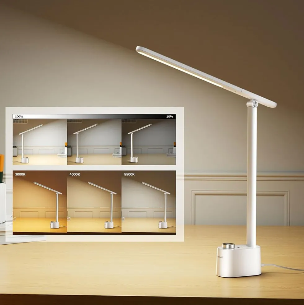 Honeywell Multi-Angle Adjustable LED Desk/Table Lamp with USB A+C Charging Ports and Eye Protection, White HWT-H01W-PRO