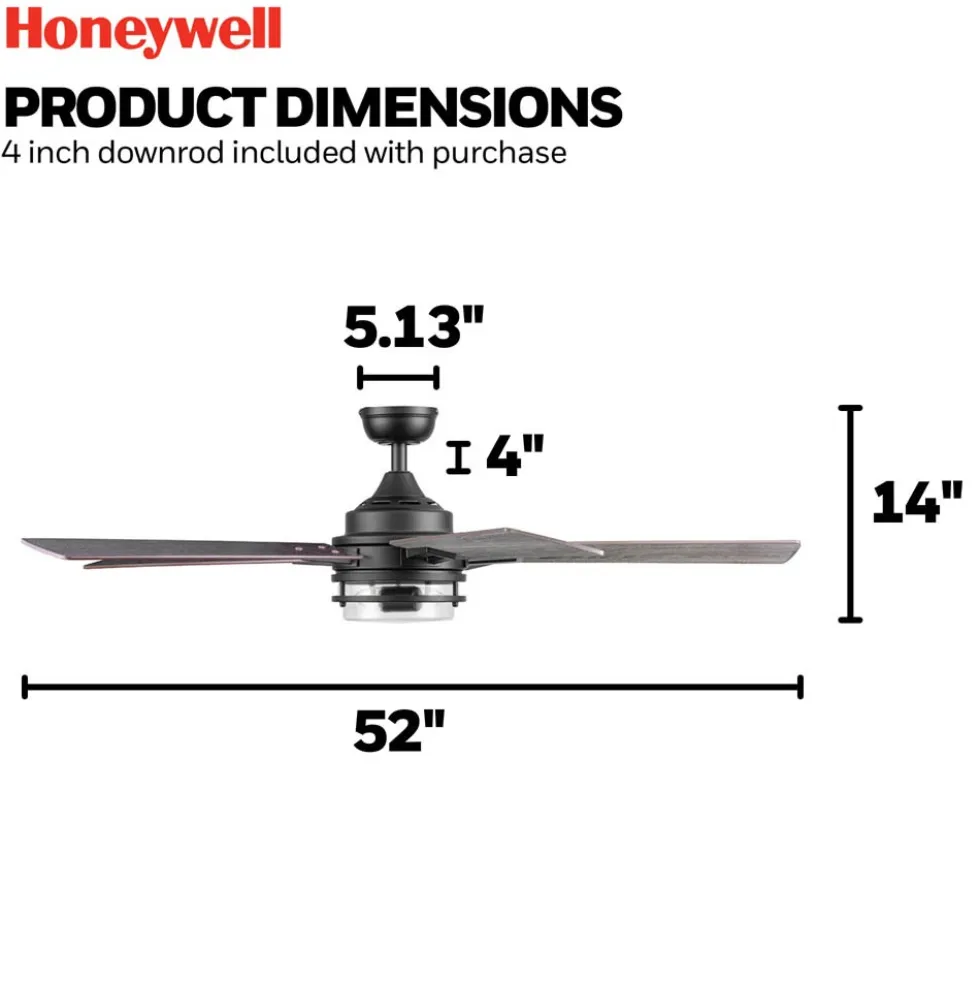Honeywell Myers Park Indoor Ceiling Fan, Matte Black, 52-Inch - 51861