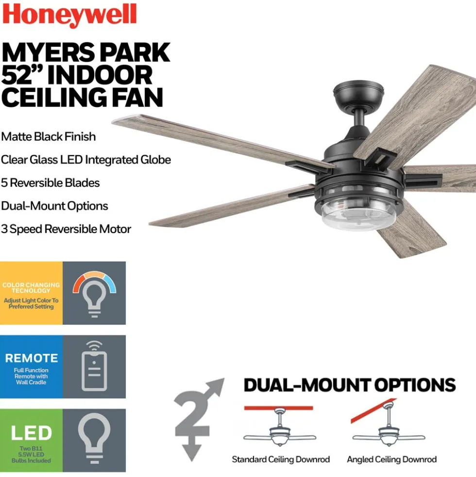 Honeywell Myers Park Indoor Ceiling Fan, Matte Black, 52-Inch - 51861