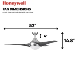 Honeywell Neyo 52 inch Contemporary Indoor LED Ceiling Fan with Light, Remote and High Performance Blades - 51803, Brushed Nickel