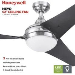 Honeywell Neyo 52 inch Contemporary Indoor LED Ceiling Fan with Light, Remote and High Performance Blades - 51803, Brushed Nickel