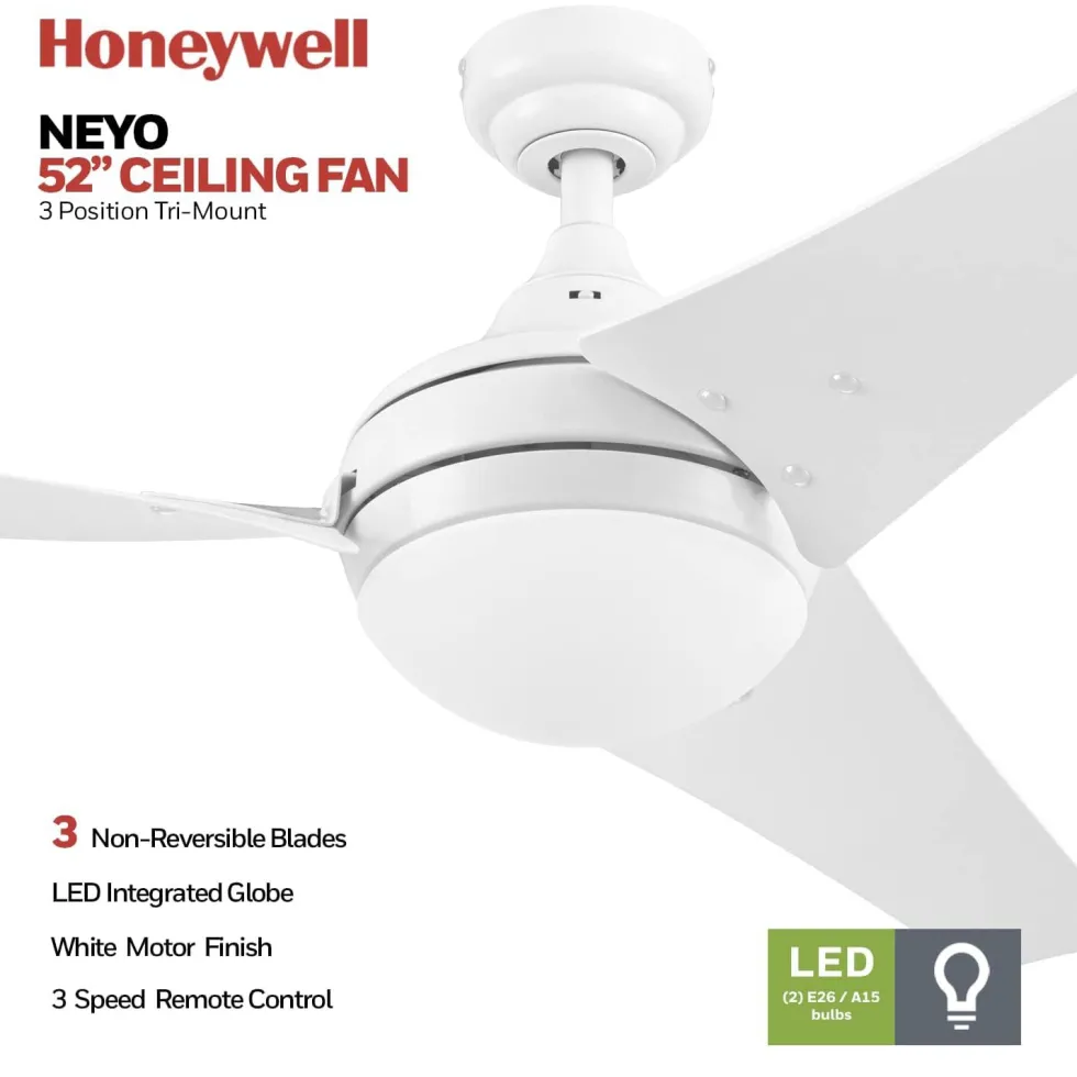 Honeywell Neyo 52 inch Contemporary Indoor LED Ceiling Fan with Light, Remote and High Performance Blades - 51804, Bright White