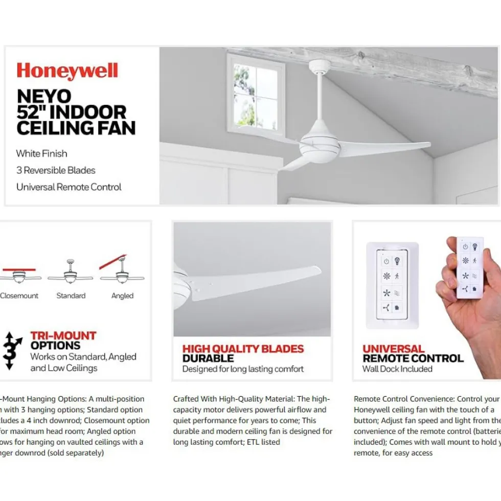 Honeywell Neyo 52 inch Contemporary Indoor LED Ceiling Fan with Light, Remote and High Performance Blades - 51804, Bright White
