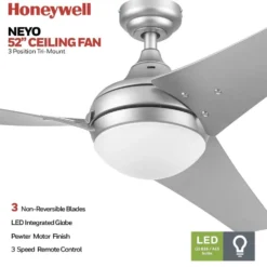 Honeywell Neyo 52 inch Contemporary Indoor LED Ceiling Fan with Light, Remote and High Performance Blades -51802, Pewter
