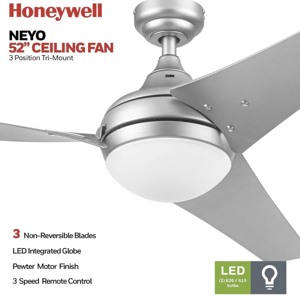 Honeywell Neyo 52 inch Contemporary Indoor LED Ceiling Fan with Light, Remote and High Performance Blades -51802, Pewter