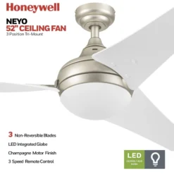 Honeywell Neyo 52 inch Contemporary Indoor LED Ceiling Fan with Light, Remote and High Performance Blades - 51801, Champagne
