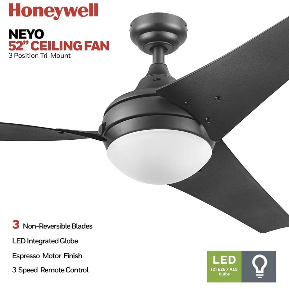 Honeywell Neyo Indoor LED Ceiling Fan, Espresso, 52-Inch - 51800