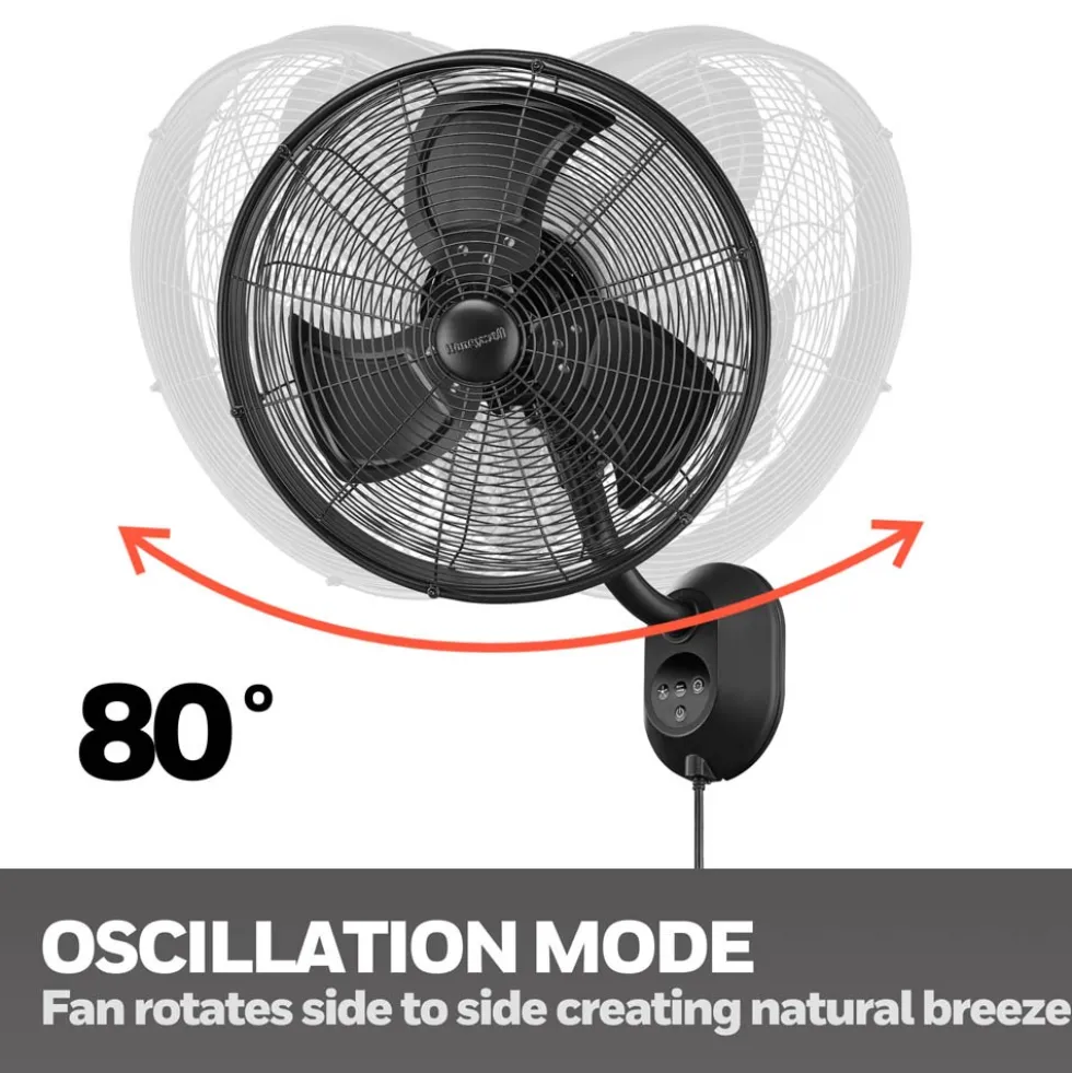 Honeywell Outdoor Wet-Rated Oscillating Wall Fan with Remote, Matte Black, 18-Inch - 53029