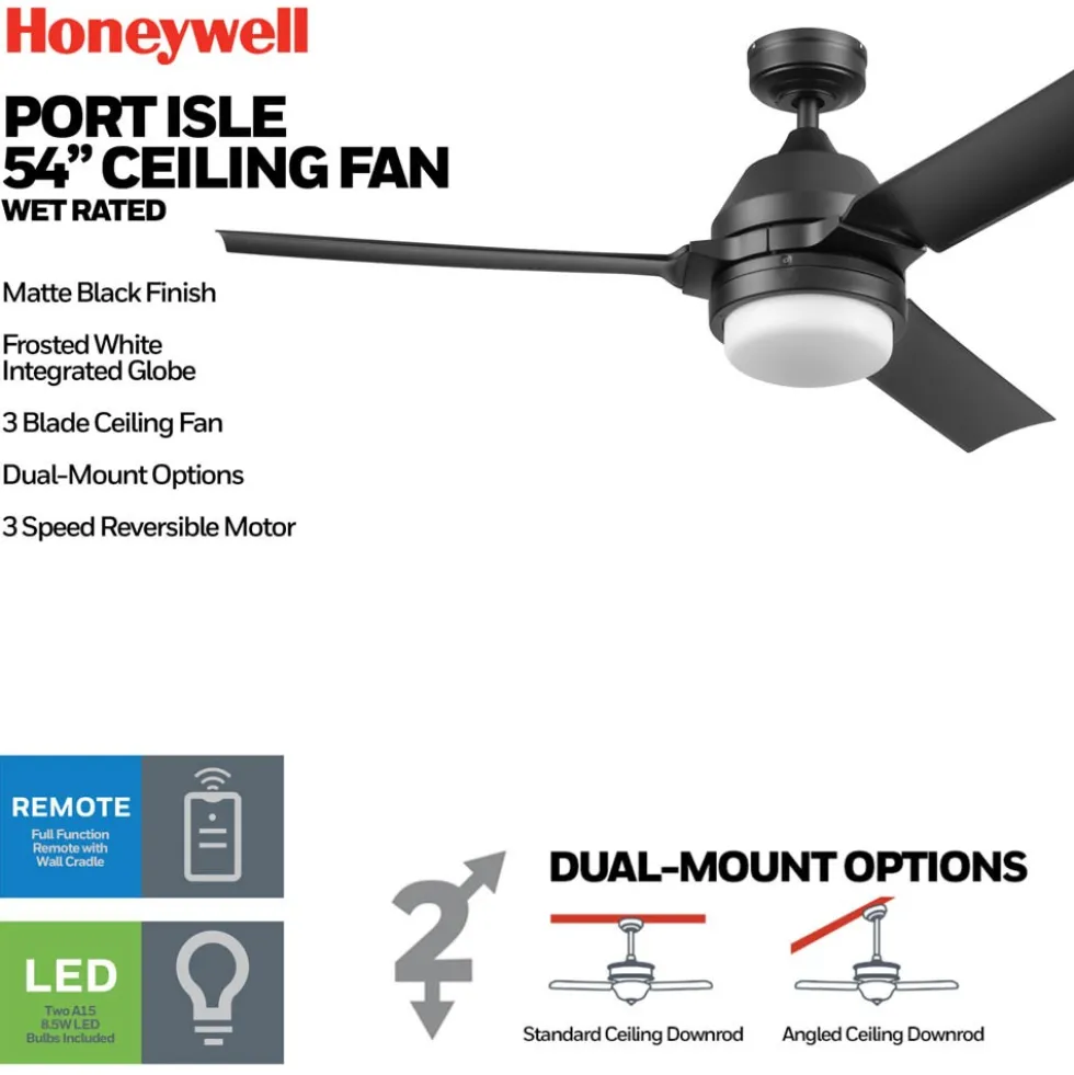 Honeywell Port Isle Wet Rated Outdoor Ceiling Fan, Matte Black, 54-Inch - 51856