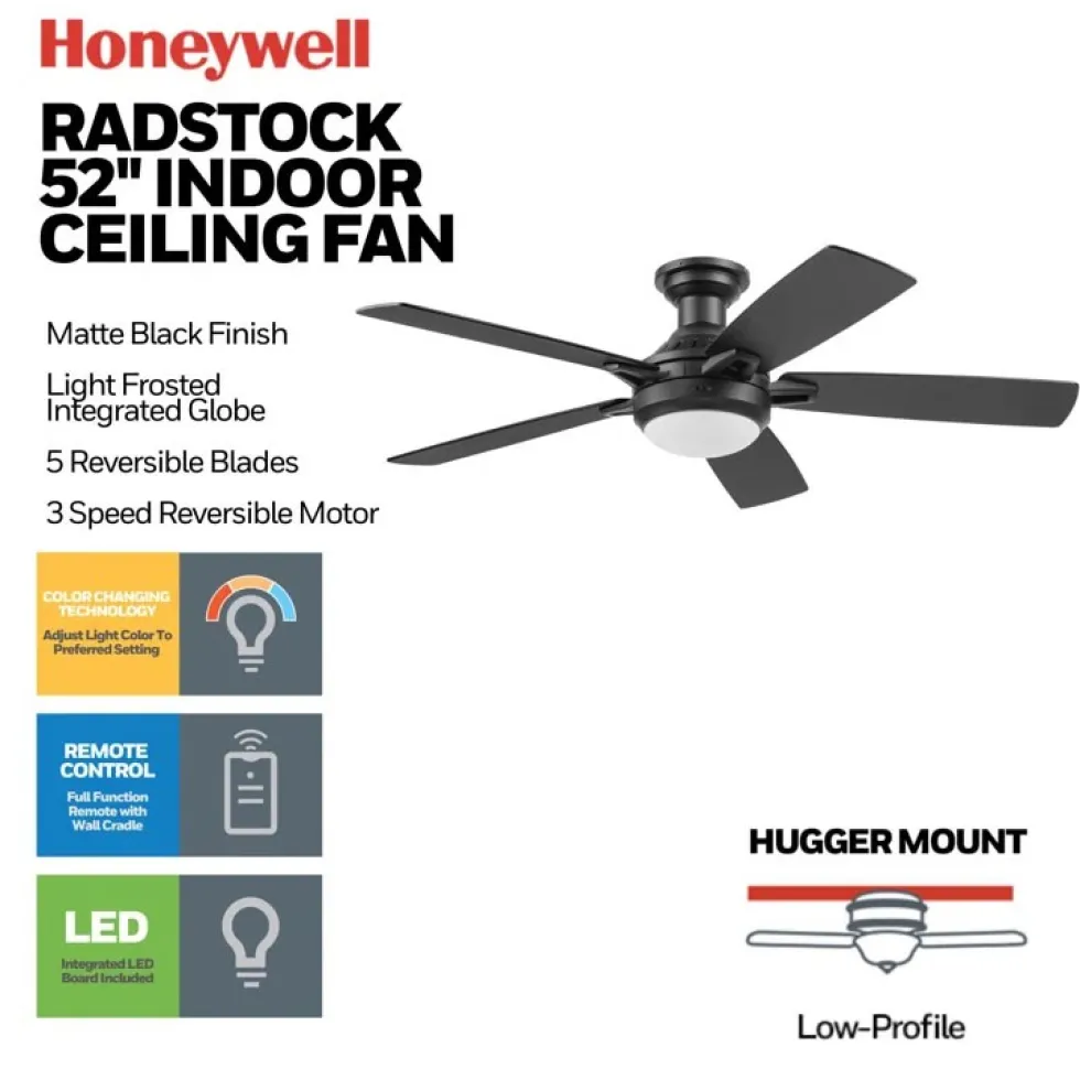 Honeywell Radstock 52 inch Contemporary Ceiling Fan with Color Changing Light, Remote Control and Five Dual Finish Blades - 53001