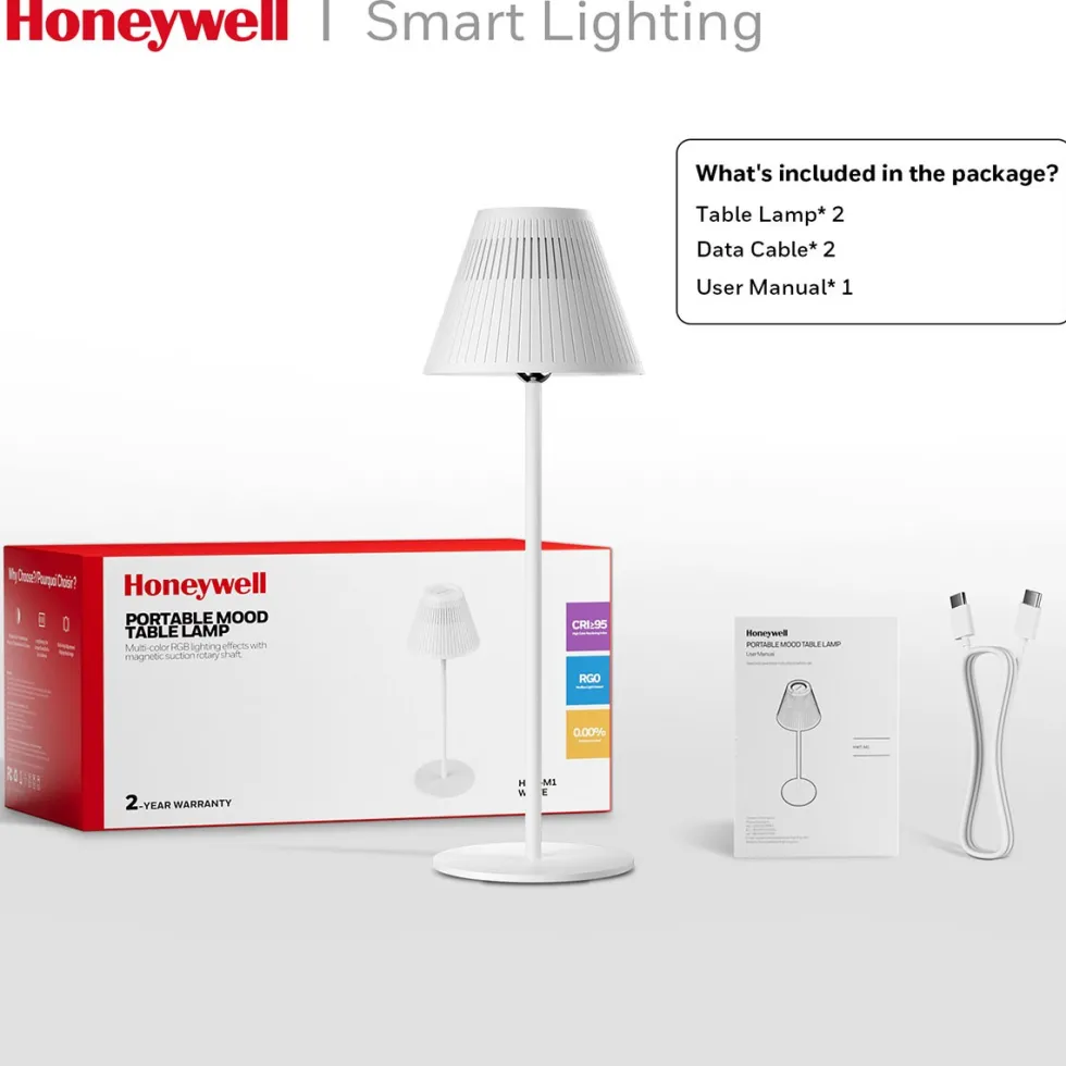 Honeywell Rechargeable Cordless Table Lamps with a Portable Design, Color Changing and Touch Controls, White 2-Pack HWT-M1W