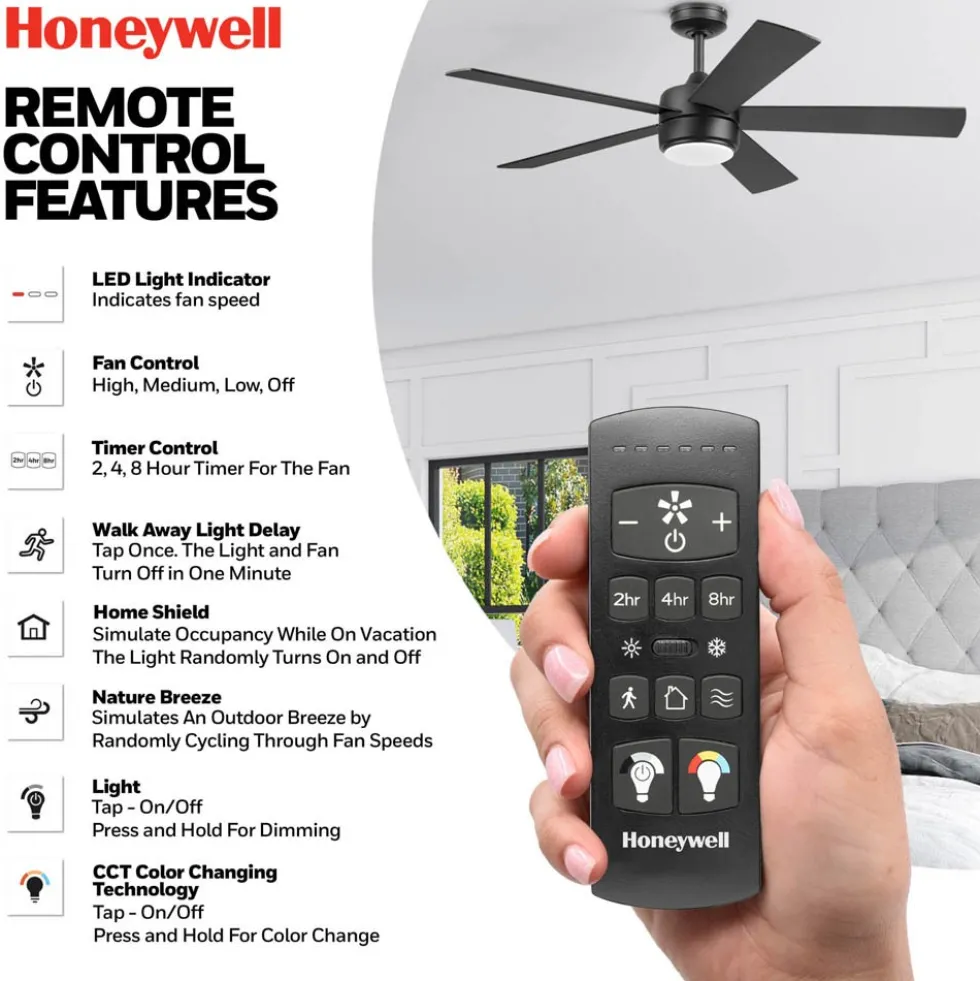 Honeywell Schilling 52 Inch Indoor Matte Black LED Ceiling Fan with Remote Control - 53040