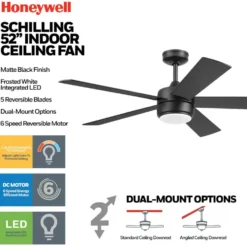 Honeywell Schilling 52 Inch Indoor Matte Black LED Ceiling Fan with Remote Control - 53040