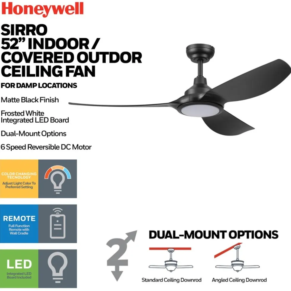 Honeywell Sirro Indoor or Covered Outdoor Ceiling Fan with Adjustable LED Light, 52-Inch, Matte Black - 53026-03