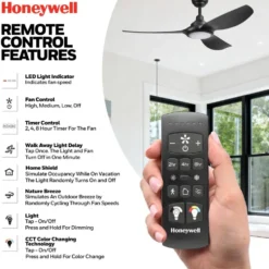 Honeywell Sirro Indoor or Covered Outdoor Ceiling Fan with Adjustable LED Light, 52-Inch, Matte Black - 53026-03