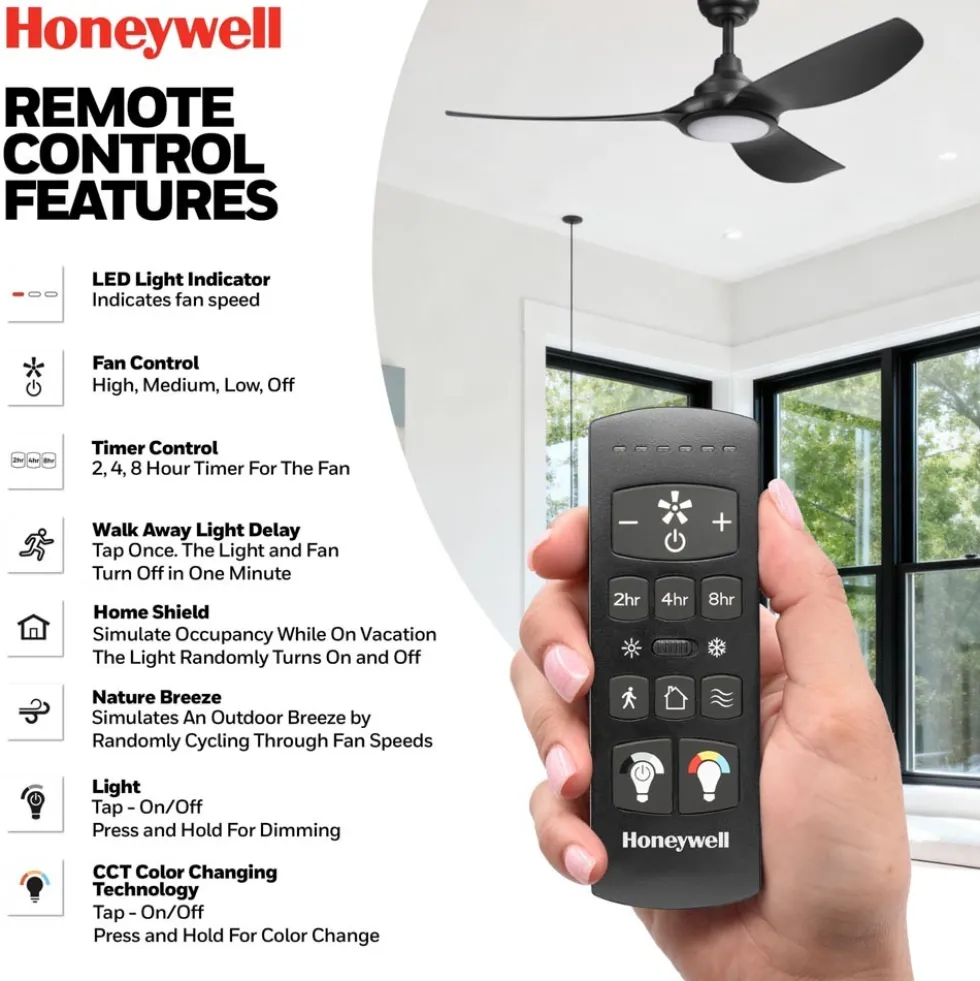 Honeywell Sirro Indoor or Covered Outdoor Ceiling Fan with Adjustable LED Light, 52-Inch, Matte Black - 53026-03