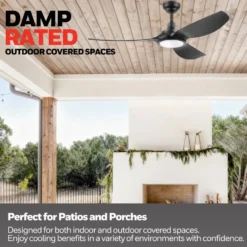 Honeywell Sirro Indoor or Covered Outdoor Ceiling Fan with Adjustable LED Light, 52-Inch, Matte Black - 53026-03