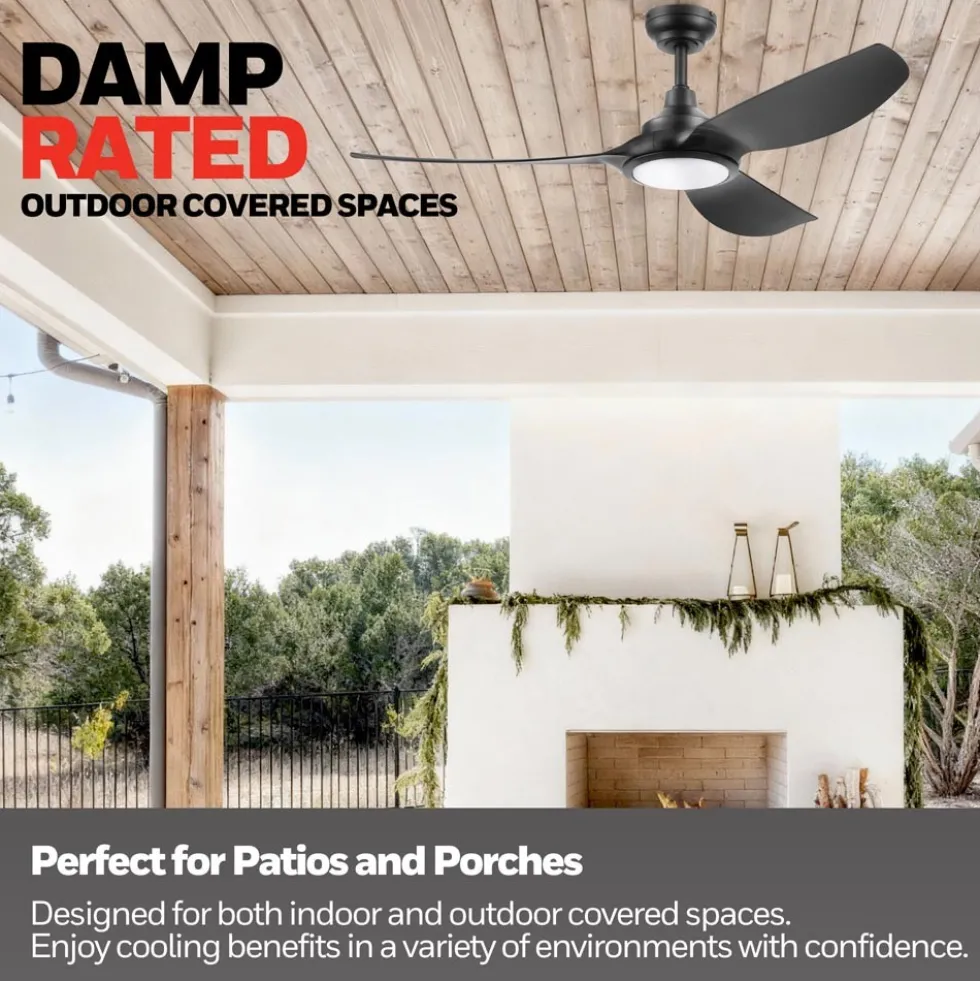 Honeywell Sirro Indoor or Covered Outdoor Ceiling Fan with Adjustable LED Light, 52-Inch, Matte Black - 53026-03