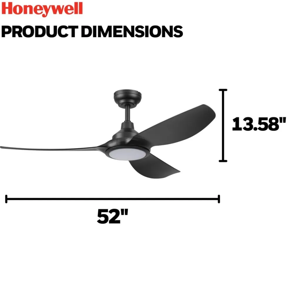 Honeywell Sirro Indoor or Covered Outdoor Ceiling Fan with Adjustable LED Light, 52-Inch, Matte Black - 53026-03