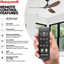 Honeywell Sirro Indoor or Covered Outdoor Ceiling Fan with Chocolate Auburn Blades and Adjustable LED Light, 52-Inch, Matte Black - 53027-03
