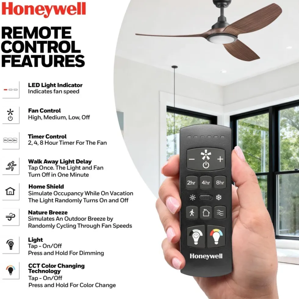 Honeywell Sirro Indoor or Covered Outdoor Ceiling Fan with Chocolate Auburn Blades and Adjustable LED Light, 52-Inch, Matte Black - 53027-03